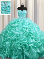 Decent Aqua Blue Lace Up Sweetheart Beading and Pick Ups Quinceanera Gowns Organza Sleeveless Court Train