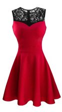 Hot Selling Red A-line Scoop Sleeveless Satin Tea Length Zipper Lace Dress for Prom