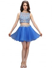  Blue Organza Zipper Evening Dress Sleeveless Mini Length Beading