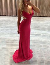 Glamorous Zipper Hot Pink for Prom with Beading Brush Train