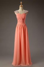 Most Popular Watermelon Red Sleeveless Floor Length Beading and Ruching Zipper Evening Dress