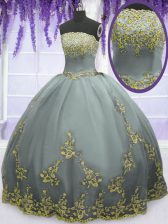 Graceful Strapless Sleeveless Zipper 15th Birthday Dress Grey Tulle
