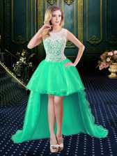 Discount Turquoise Ball Gowns Organza and Lace Scoop Sleeveless Lace High Low Zipper Homecoming Dress