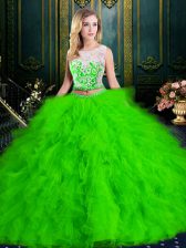  Scoop Floor Length 15 Quinceanera Dress Tulle Sleeveless Lace and Ruffles