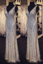 Delicate Column/Sheath Prom Gown Champagne V-neck Organza Sleeveless Floor Length Zipper