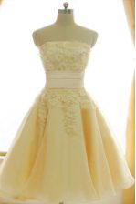 Graceful Yellow Zipper Prom Dresses Appliques and Hand Made Flower Sleeveless Knee Length