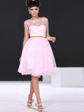 High Quality Scoop Lace Evening Dress Baby Pink Zipper Cap Sleeves Knee Length