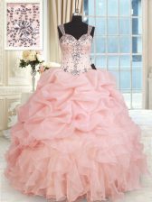  Straps Pick Ups Baby Pink Sleeveless Organza Zipper Ball Gown Prom Dress for Military Ball and Sweet 16 and Quinceanera