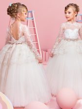 Scoop Long Sleeves Lace and Bowknot Backless Flower Girl Dresses