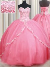 Most Popular Watermelon Red Sleeveless Brush Train Beading and Appliques With Train 15th Birthday Dress