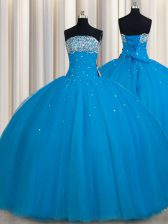 Flare Really Puffy Floor Length Teal Sweet 16 Quinceanera Dress Strapless Sleeveless Lace Up
