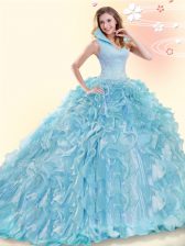 Top Selling Beading and Ruffles 15 Quinceanera Dress Aqua Blue Backless Sleeveless Brush Train