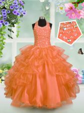  Orange Halter Top Neckline Beading and Ruffled Layers Pageant Gowns For Girls Sleeveless Lace Up