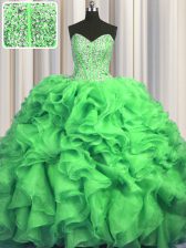 Lovely Visible Boning Bling-bling Sleeveless Sweep Train Beading and Ruffles Lace Up Ball Gown Prom Dress