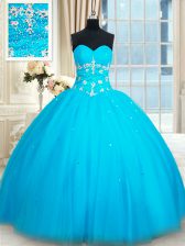 Shining Baby Blue Tulle Lace Up Sweetheart Sleeveless Floor Length Sweet 16 Dresses Beading