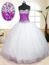  Floor Length White Sweet 16 Quinceanera Dress Tulle Sleeveless Beading