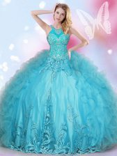  Halter Top Aqua Blue Ball Gowns Beading and Appliques Quince Ball Gowns Lace Up Tulle Sleeveless Floor Length