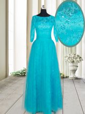 Deluxe Floor Length Teal Evening Dress Scoop Half Sleeves Zipper