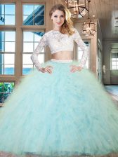 Beautiful Aqua Blue Two Pieces Tulle Scoop Long Sleeves Beading and Lace and Ruffles Floor Length Zipper Quinceanera Dress