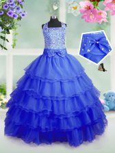 Elegant Beading and Ruffled Layers Little Girls Pageant Dress Wholesale Royal Blue Zipper Sleeveless Floor Length