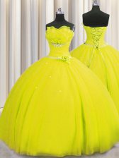 Luxury Handcrafted Flower Strapless Sleeveless Tulle Vestidos de Quinceanera Beading and Sequins and Hand Made Flower Lace Up
