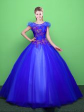 Fantastic Scoop Blue Short Sleeves Tulle Lace Up Vestidos de Quinceanera for Military Ball and Sweet 16 and Quinceanera