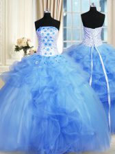 Artistic Blue Sleeveless Floor Length Pick Ups and Hand Made Flower Lace Up 15 Quinceanera Dress
