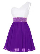 Attractive Mini Length White And Purple Prom Dress One Shoulder Sleeveless Zipper