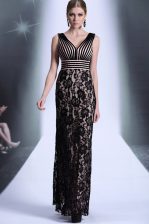  Empire Evening Dress Black V-neck Chiffon and Lace Sleeveless Floor Length Zipper