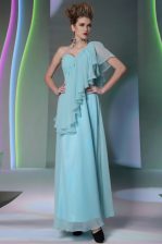 Custom Designed One Shoulder Cap Sleeves Side Zipper Ankle Length Ruffles Prom Party Dress