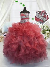 Eye-catching Coral Red Lace Up Girls Pageant Dresses Beading and Ruffles Sleeveless Floor Length