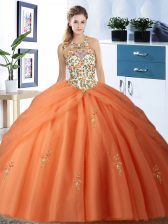 Captivating Orange Halter Top Neckline Embroidery and Pick Ups 15th Birthday Dress Sleeveless Lace Up