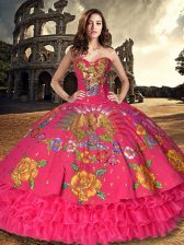  Ruffled Sweetheart Sleeveless Lace Up Quinceanera Gowns Red Organza and Taffeta