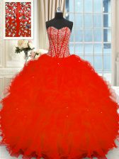 Dramatic Floor Length Red Sweet 16 Dresses Strapless Sleeveless Lace Up