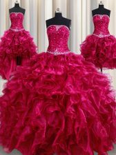 Fancy Four Piece Floor Length Ball Gowns Sleeveless Burgundy Quinceanera Gown Lace Up
