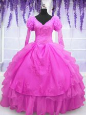 Delicate Hot Pink Ball Gowns Organza V-neck Long Sleeves Beading and Embroidery and Hand Made Flower Floor Length Lace Up Quinceanera Gown