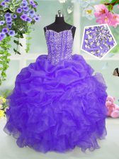High Class Pick Ups Lavender Sleeveless Organza Lace Up Kids Pageant Dress for Party and Wedding Party