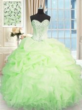 Sexy Sleeveless Floor Length Beading and Ruffles Lace Up Quinceanera Dresses with Apple Green