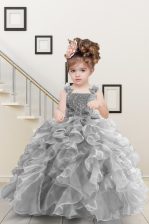  Grey Organza Lace Up Straps Sleeveless Floor Length Little Girls Pageant Gowns Beading and Ruffles