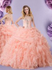 Romantic Peach Quince Ball Gowns Military Ball and Sweet 16 and Quinceanera with Beading and Ruffles and Pick Ups Straps Sleeveless Zipper