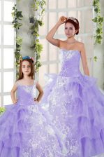 Artistic Strapless Sleeveless Organza Ball Gown Prom Dress Embroidery and Ruffled Layers Lace Up