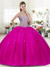 Glorious Fuchsia Lace Up Quinceanera Dress Beading Sleeveless Floor Length