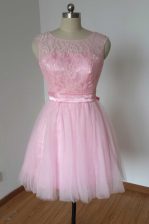  Scoop Lace Knee Length A-line Sleeveless Pink Backless