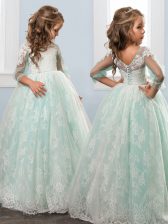 Attractive Apple Green A-line Lace Scoop 3 4 Length Sleeve Lace Floor Length Clasp Handle Kids Pageant Dress
