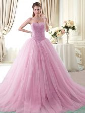 Luxury Rose Pink Ball Gowns Sweetheart Sleeveless Tulle With Brush Train Lace Up Beading 15 Quinceanera Dress