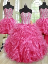 Elegant Four Piece Sleeveless Organza Floor Length Lace Up 15th Birthday Dress in Hot Pink with Beading and Ruffles