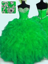 Dazzling Sleeveless Organza Floor Length Lace Up Quinceanera Gown in Green with Beading and Ruffles