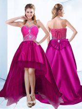  Fuchsia Satin Lace Up Sleeveless With Brush Train Beading and Ruching