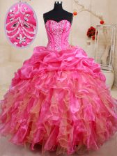 Pretty Hot Pink Sleeveless Floor Length Beading and Ruffles and Pick Ups Lace Up Quinceanera Dresses