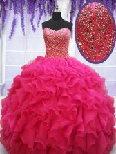  Beading and Ruffles Sweet 16 Quinceanera Dress Hot Pink Lace Up Sleeveless Floor Length